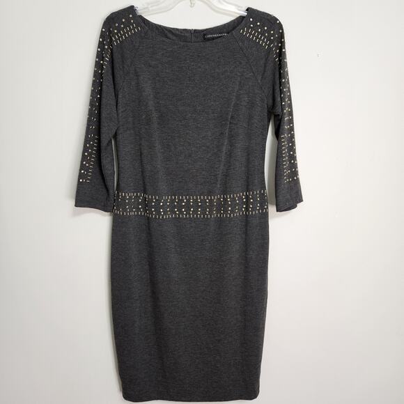 CHRIS McLAUGHLIN Charcoal Sheath Career Dress w/Brass Studs Lined Size 8 EUC - Picture 1 of 12